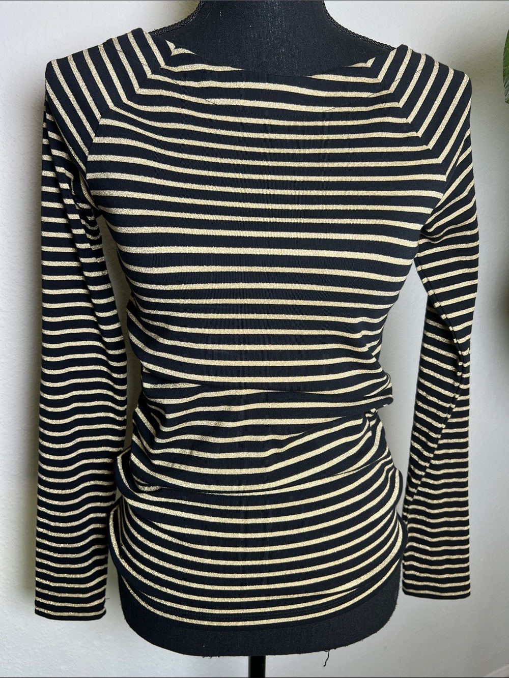 Ralph Lauren Women’s Boatneck Black Metallic Gold Striped Cotton Blend Top Small